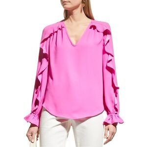 Trina Turk Vibrant Pink Ruffle Trim Long Sleeve V Neck Blouse Size Medium